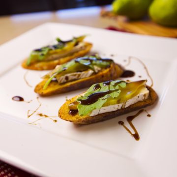 Honey Balsamic Glaze on Poached Pear Brie Crostini